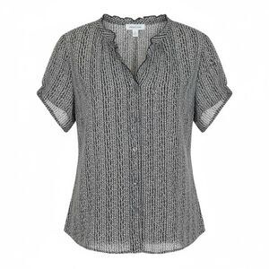 Covington Geometric Button Front Ruffle Neck Short Sleeve Blouse Black White 20W